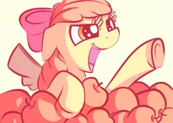 Size: 1051x743 | Tagged: safe, artist:aemantaslim, artist:handsockz, banned from derpibooru, deleted from derpibooru, derpibooru import, apple bloom, apple, cardboard cutout, cardboard wings, collaboration, fake wings, floppy ears, food, open mouth, pointing, smiling, solo, underhoof