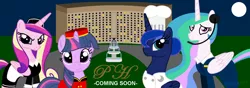 Size: 1968x696 | Tagged: safe, artist:roger334, banned from derpibooru, deleted from derpibooru, derpibooru import, princess cadance, princess celestia, princess luna, twilight sparkle, bellhop, chef, clothes, glare, headset, hotel, hotel pony, looking at you, maid, smiling