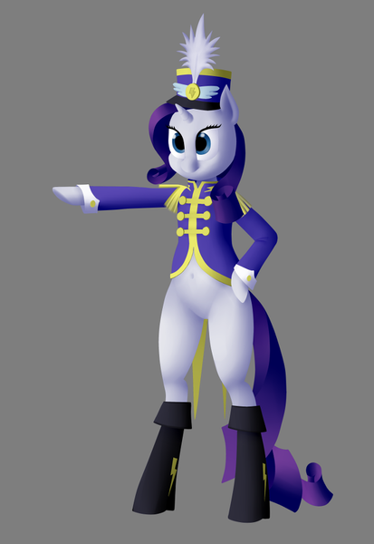 Size: 620x900 | Tagged: safe, artist:roxenmage, banned from derpibooru, deleted from derpibooru, derpibooru import, rarity, pony, unicorn, testing testing 1-2-3, ancient wonderbolts uniform, belly button, bipedal, clothes, sgt. rarity, solo, uniform