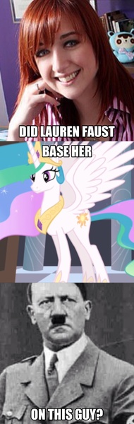 Size: 1494x4717 | Tagged: safe, banned from derpibooru, deleted from derpibooru, derpibooru import, princess celestia, adolf hitler, caption, conspiracy, image macro, jontron thread, lauren faust, meme, text, tyrant celestia