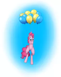 Size: 632x800 | Tagged: safe, artist:roxenmage, banned from derpibooru, deleted from derpibooru, derpibooru import, pinkie pie, earth pony, pony, semi-anthro, balloon, belly button, bipedal, floating, solo, then watch her balloons lift her up to the sky