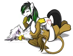 Size: 1205x927 | Tagged: safe, artist:cassiusdrawsthings, banned from derpibooru, deleted from derpibooru, derpibooru import, gilda, oc, oc:trance sequence, earth pony, gryphon, pony, beak, canon x oc, cuddling, happy, image, jpeg, looking at someone, looking sideways, on back, open beak, open mouth, snuggling