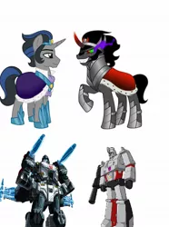 Size: 907x1216 | Tagged: safe, banned from derpibooru, deleted from derpibooru, derpibooru import, king sombra, spoiler:comic, spoiler:comic18, comparison, good king sombra, good megatron, megatron, mirror universe, transformers, transformers shattered glass