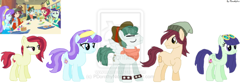 Size: 1024x360 | Tagged: safe, artist:pdorothynics, banned from derpibooru, deleted from derpibooru, derpibooru import, aqua blossom, blueberry cake, normal norman, rose heart, scott green, ponified, pony, equestria girls, background human, equestria girls ponified, fashionista, naomi nobody