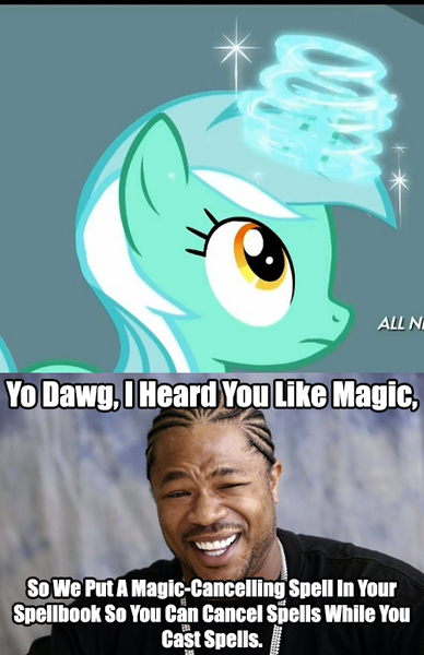 Size: 500x773 | Tagged: safe, banned from derpibooru, deleted from derpibooru, derpibooru import, screencap, lyra heartstrings, equestria games (episode), equestria games, magic disabling spell, meme, solo, xzibit, yo dawg