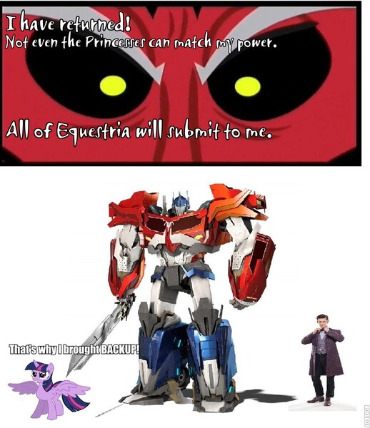 Size: 828x960 | Tagged: safe, banned from derpibooru, deleted from derpibooru, derpibooru import, lord tirek, twilight sparkle, twilight sparkle (alicorn), alicorn, twilight's kingdom, doctor who, eleventh doctor, exploitable meme, image, jpeg, meme, optimus prime, tirek vs everyone meme, transformers, transformers prime