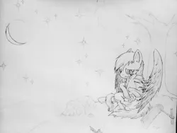 Size: 2048x1536 | Tagged: safe, artist:kisk76, banned from derpibooru, deleted from derpibooru, derpibooru import, rainbow dash, scootaloo, crying, feather, feels, monochrome, moon, pencil drawing, scooter, stars, traditional art