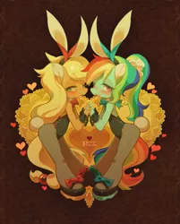 Size: 775x966 | Tagged: suggestive, artist:rikose, banned from derpibooru, deleted from derpibooru, derpibooru import, applejack, rainbow dash, anthro, appledash, bunny ears, bunny suit, clothes, drool, drool string, female, heart (organ), kissing, lesbian, organs, poni parade, shipping