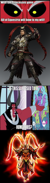 Size: 641x2350 | Tagged: safe, banned from derpibooru, deleted from derpibooru, derpibooru import, lord tirek, twilight's kingdom, do not pursue lu bu, dynasty warriors, exploitable meme, is this supposed to be humorous, lu bu, meme, memeception, tirek vs everyone meme