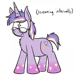Size: 700x700 | Tagged: safe, artist:karpet-shark, banned from derpibooru, deleted from derpibooru, derpibooru import, oc, oc:doodlebug, ponified, pony, twilight's kingdom, descriptive noise, frown, glasses, meme, rainbow power, rainbow power-ified, screaming internally, solo, wide eyes, x internally