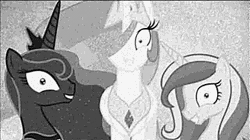 Size: 365x205 | Tagged: safe, artist:draikjack, artist:sparkdraws, banned from derpibooru, deleted from derpibooru, derpibooru import, princess cadance, princess celestia, princess luna, princess molestia, animated, black and white, decadence, grayscale, lunaughty, monochrome, rapeface, silent film, slasher smile, vulgar