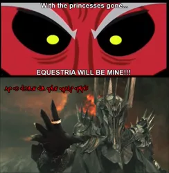 Size: 450x461 | Tagged: safe, banned from derpibooru, deleted from derpibooru, derpibooru import, lord tirek, exploitable meme, lord of the rings, meme, mordor, sauron, the one ring, tirek vs everyone meme