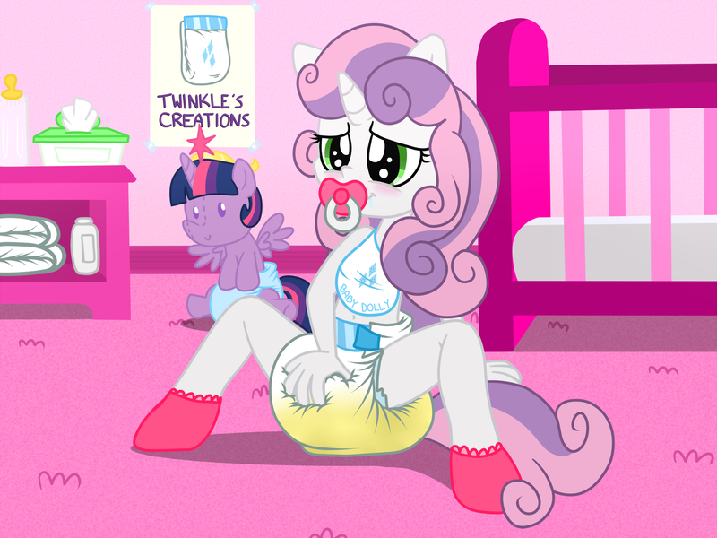 Size: 2000x1500 | Tagged: questionable, artist:fillyscoots42, banned from derpibooru, deleted from derpibooru, derpibooru import, sweetie belle, twilight sparkle, twilight sparkle (alicorn), alicorn, anthro, equestria girls, ambiguous facial structure, bib, diaper, diaper fetish, diapered plushie, fetish, lolicon, nursery, pacifier, plushie, poofy diaper, underage, urine, wet diaper