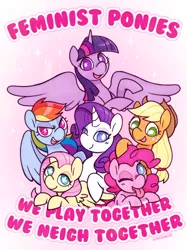 Size: 500x670 | Tagged: safe, artist:cuteosphere, banned from derpibooru, deleted from derpibooru, derpibooru import, applejack, fluttershy, pinkie pie, rainbow dash, rarity, twilight sparkle, drama, feminism, image, mane six, png, social justice, text