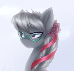 Size: 1428x1363 | Tagged: safe, artist:harmoniousrain, banned from derpibooru, deleted from derpibooru, derpibooru import, silver spoon, annoyed, braid, flower, flower in hair, frown, glasses, ribbon, solo