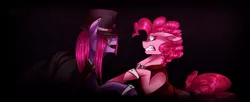 Size: 1488x607 | Tagged: safe, artist:cyanocitta-blattidae, banned from derpibooru, deleted from derpibooru, derpibooru import, pinkie pie, dr jekyll and mr hyde, dr pinkie and miss pie, duality, hat, pinkamena diane pie, top hat