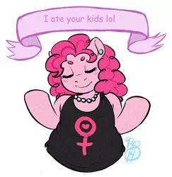 Size: 1280x1315 | Tagged: semi-grimdark, artist:collaredginger, banned from derpibooru, deleted from derpibooru, derpibooru import, edit, pinkie pie, comic sans, implied vore, mouthpiece, solo