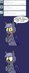 Size: 700x1742 | Tagged: safe, artist:karpet-shark, banned from derpibooru, deleted from derpibooru, derpibooru import, oc, oc:moonshine, unofficial characters only, bat pony, ask moonshine, annoyed, drinking, fangs, frown, juice, juice box, looking at you, solo