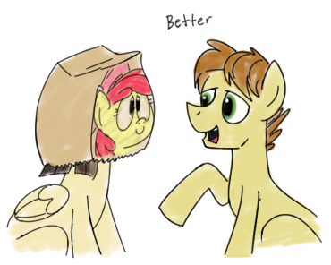Size: 370x296 | Tagged: source needed, safe, artist:sibsy, banned from derpibooru, deleted from derpibooru, derpibooru import, apple bloom, wild fire, oc, oc:mandopony, mandobloom, mandofire, open mouth, paper bag, pointing, shipping, sitting, smiling, straight