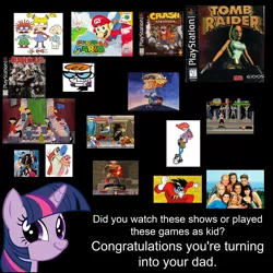 Size: 1067x1067 | Tagged: safe, banned from derpibooru, deleted from derpibooru, derpibooru import, twilight sparkle, '90s, background pony strikes again, barely pony related, beverly hills 90210, crash bandicoot, dexter's laboratory, doom, earthworm jim, faic, final fight, freakazoid, hey arnold, mortal kombat, obligatory pony, pepper ann, rugrats, saved by the bell, smirk, super mario 64, super mario bros., tomb raider, troll, twiface
