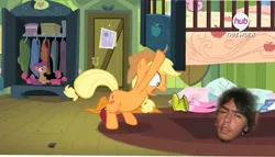 Size: 2937x1677 | Tagged: safe, banned from derpibooru, deleted from derpibooru, derpibooru import, applejack, scootaloo, human, bed, damian, exploitable meme, forced meme, hub logo, meme, under the bed