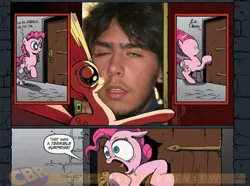 Size: 4000x2971 | Tagged: safe, banned from derpibooru, deleted from derpibooru, derpibooru import, pinkie pie, human, damian, exploitable meme, forced meme, irl, irl human, meme, obligatory pony, photo, surprise door