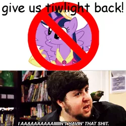 Size: 700x700 | Tagged: safe, banned from derpibooru, deleted from derpibooru, derpibooru import, twilight sparkle, alicorn, bird, human, alicorn drama, comic sans, drama, exploitable meme, i aint havin that shit, irl, irl human, jacques, jontron, meme, misspelling, nightshade: the claws of heugh, op started shit, photo, twilight sparkle (alicorn)