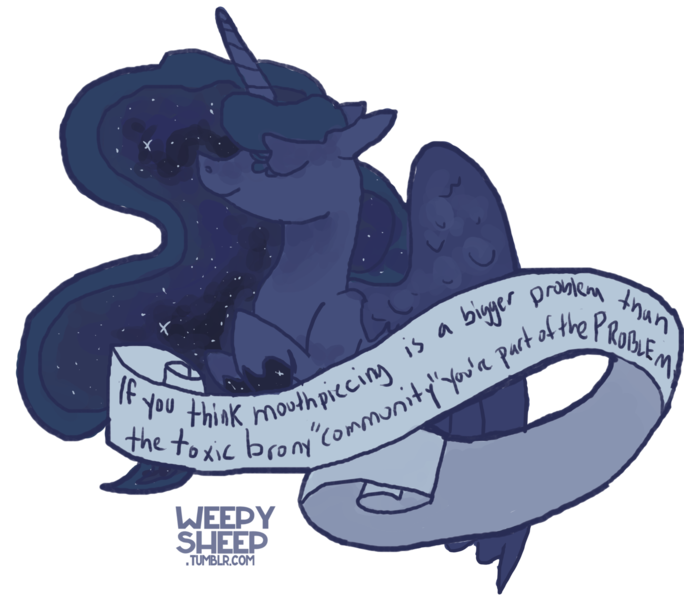 Size: 2110x1852 | Tagged: safe, artist:weepysheep, banned from derpibooru, deleted from derpibooru, derpibooru import, princess luna, anti-brony, background pony strikes again, drama, eyes closed, goldstein, mouthpiece, old banner, op started shit, poison, profile, smiling, solo, spread wings, wings