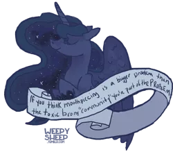 Size: 2110x1852 | Tagged: safe, artist:weepysheep, banned from derpibooru, deleted from derpibooru, derpibooru import, princess luna, anti-brony, background pony strikes again, drama, eyes closed, goldstein, mouthpiece, old banner, op started shit, poison, profile, smiling, solo, spread wings, wings