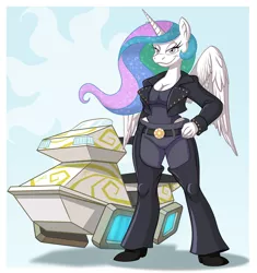 Size: 2744x2920 | Tagged: safe, artist:chadrocco, banned from derpibooru, deleted from derpibooru, derpibooru import, anthro, biker, biker princess from equestria, chaps, clothes, commission, cr, hoverbike, jacket, leather jacket, solo