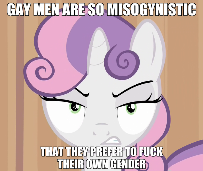 Size: 1250x1050 | Tagged: questionable, banned from derpibooru, deleted from derpibooru, derpibooru import, feminism, frown, gritted teeth, homophobia, idiot femanazi sweetie belle, looking at you, misandry, misogyny, mouthpiece, parody, solo, vulgar, wide eyes