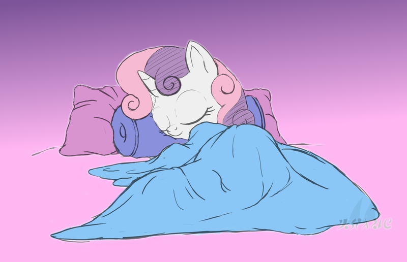 Size: 1772x1144 | Tagged: safe, artist:drake, artist:lord waite, banned from derpibooru, deleted from derpibooru, derpibooru import, sweetie belle, bed, blanket, colored, cute, diasweetes, pillow, sleeping, solo