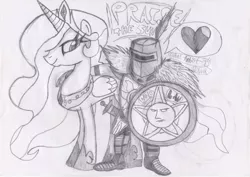 Size: 1752x1240 | Tagged: safe, artist:lukexproductions, banned from derpibooru, deleted from derpibooru, derpibooru import, princess celestia, crossover, dark souls, monochrome, praise the sun, sketch, solaire of astora, traditional art