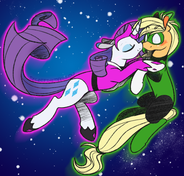 Size: 628x601 | Tagged: safe, artist:selective-yellow, banned from derpibooru, deleted from derpibooru, derpibooru import, applejack, rarity, crossover, dc comics, female, green lantern (comic), green lantern corps, lesbian, rarijack, shipping, space, star sapphire