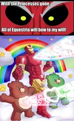 Size: 556x902 | Tagged: safe, banned from derpibooru, deleted from derpibooru, derpibooru import, lord tirek, care bears, crossover, exploitable meme, good luck bear, iron man, meme, tenderheart bear, tirek vs everyone meme, wat