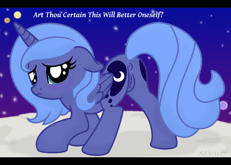 Size: 1045x750 | Tagged: explicit, banned from derpibooru, deleted from derpibooru, derpibooru import, princess luna, anus, blushing, face down ass up, female, floppy ears, frown, gift art, image, looking at you, looking back, moon, nudity, planet, png, presenting, raised tail, s1 luna, sad, solo, solo female, space, speech, tail, talking, vulva
