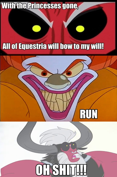 Size: 646x977 | Tagged: semi-grimdark, banned from derpibooru, deleted from derpibooru, derpibooru import, lord tirek, brave little toaster, exploitable meme, meme, monster clown, oh shit, run, tirek vs everyone meme