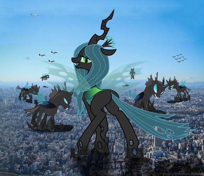 Size: 962x831 | Tagged: safe, artist:ackdari, artist:blazingcobaltda, artist:jeatz-axl, artist:sairoch, artist:yanoda, banned from derpibooru, deleted from derpibooru, derpibooru import, queen chrysalis, changeling, bugbutt, butt, city, collage, destruction, macro