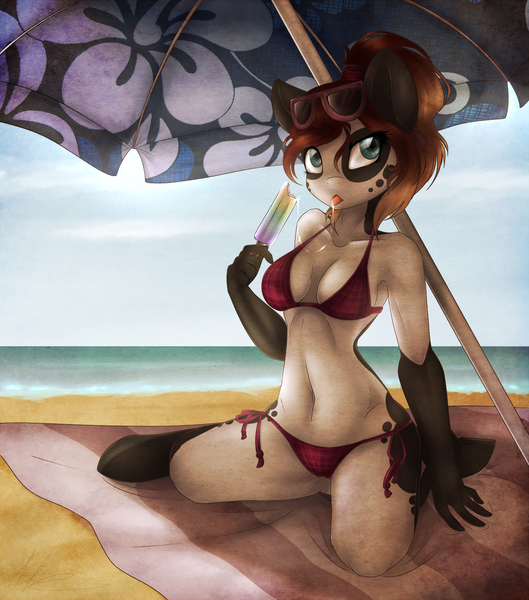 Size: 1501x1703 | Tagged: suggestive, artist:harmoniousrain, banned from derpibooru, deleted from derpibooru, derpibooru import, oc, oc:pingu, unofficial characters only, anthro, anthro oc, armpits, beach, belly button, bikini, clothes, food, popsicle, solo, swimsuit