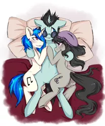 Size: 1320x1595 | Tagged: dead source, suggestive, artist:harmoniousrain, banned from derpibooru, deleted from derpibooru, derpibooru import, neon lights, octavia melody, rising star, vinyl scratch, backwards cutie mark, bed, bedroom eyes, blushing, butt, cuddling, female, floppy ears, group sex, hat, hug, hug sandwich, image, lip bite, lucky bastard, male, messy mane, octalights, on back, ot3, plot, png, sex, shipping, side, smiling, snuggling, straight, threesome, underhoof, vinylights