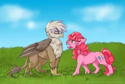 Size: 900x600 | Tagged: dead source, safe, artist:conphettey, banned from derpibooru, deleted from derpibooru, derpibooru import, gilda, pinkie pie, gryphon, glare, grass