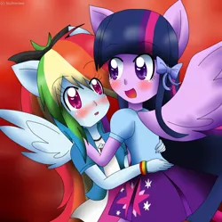 Size: 1062x1056 | Tagged: safe, artist:nuiharime, banned from derpibooru, deleted from derpibooru, derpibooru import, rainbow dash, twilight sparkle, twilight sparkle (alicorn), alicorn, human, equestria girls, blushing, eared humanization, female, humanized, lesbian, shipping, twidash, winged humanization, wings