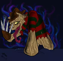 Size: 1024x991 | Tagged: grimdark, artist:pyrodarknessanny, banned from derpibooru, deleted from derpibooru, derpibooru import, ponified, pony, creepy, freddy krueger, licking, nightmare on elm street, solo, tongue out