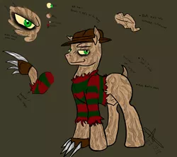 Size: 1600x1422 | Tagged: grimdark, artist:pyrodarknessanny, banned from derpibooru, deleted from derpibooru, derpibooru import, ponified, pony, freddy krueger, reference sheet, solo