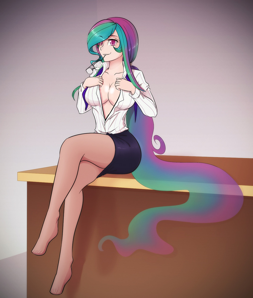 Size: 1280x1509 | Tagged: suggestive, artist:scorpdk, banned from derpibooru, deleted from derpibooru, derpibooru import, edit, princess celestia, human, bedroom eyes, breasts, busty princess celestia, cleavage, clothes, feet, female, humanized, looking at you, mouth hold, pantyhose, solo, solo female, stockings, teacher, thigh highs, undressing