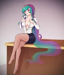 Size: 1280x1509 | Tagged: suggestive, artist:scorpdk, banned from derpibooru, deleted from derpibooru, derpibooru import, edit, princess celestia, human, bedroom eyes, breasts, busty princess celestia, cleavage, clothes, feet, female, humanized, looking at you, mouth hold, pantyhose, solo, solo female, stockings, teacher, thigh highs, undressing