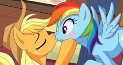 Size: 2040x1082 | Tagged: safe, artist:bbmbbf, banned from derpibooru, deleted from derpibooru, derpibooru import, applejack, rainbow dash, comic:a hot wedding, equestria untamed, a hot wedding, appledash, blushing, cropped, cute, eyes closed, female, image, jpeg, kiss on the lips, kissing, lesbian, palcomix, shipping, spread wings, wingboner, wings