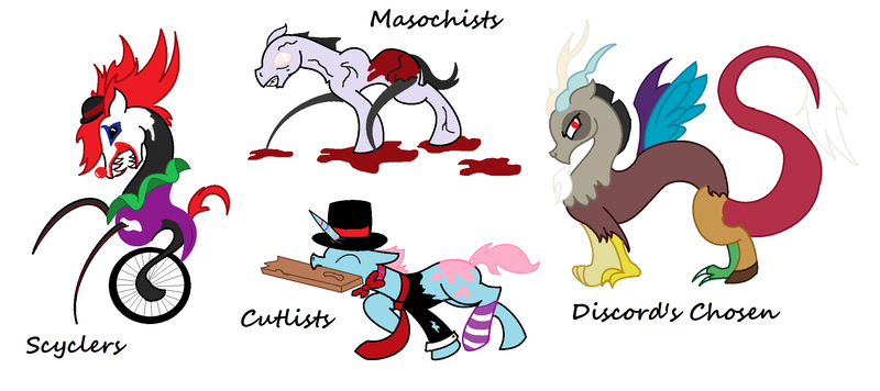 Size: 2452x1092 | Tagged: safe, artist:splinterstar, banned from derpibooru, deleted from derpibooru, derpibooru import, oc, unofficial characters only, draconequus, blood, chaos, concept art, cultist, masochist, misspelling, scycler