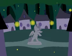 Size: 900x700 | Tagged: safe, artist:karpet-shark, banned from derpibooru, deleted from derpibooru, derpibooru import, princess luna, firefly (insect), insect, ask moonshine, forest, hollow shades, houses, lamp, lantern, night, rearing, scenery, statue, village