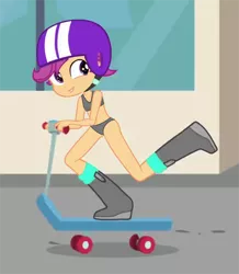 Size: 946x1087 | Tagged: suggestive, banned from derpibooru, deleted from derpibooru, derpibooru import, edit, edited screencap, screencap, scootaloo, equestria girls, belly button, boots, bra, clothes, crop top bra, female, helmet, lolicon, panties, scooter, shoes, solo, solo female, underage, underwear, underwear edit